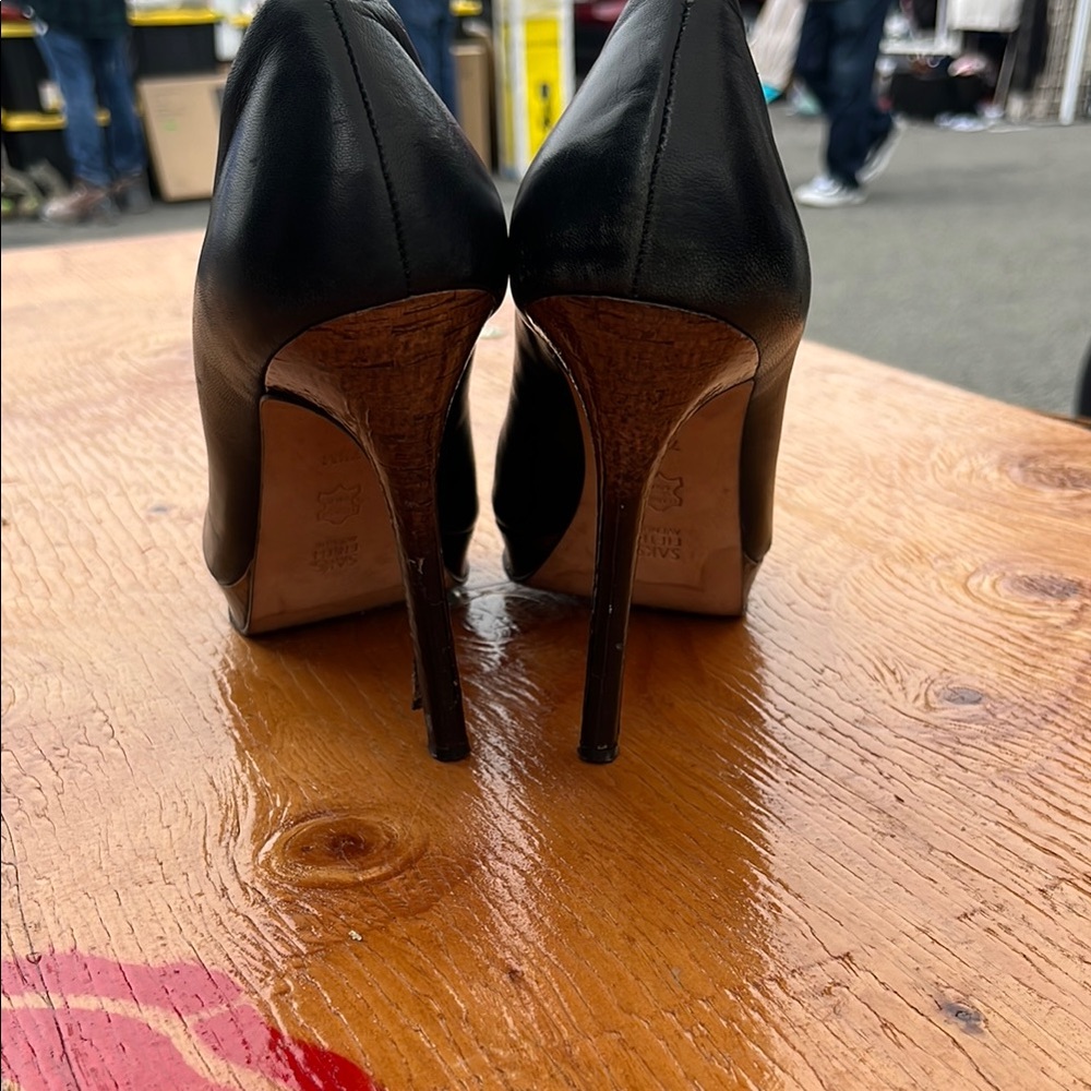 Saks Fifth Avenue Black Leather Peep Toe Wooden Stiletto Heels - Picture 3 of 3